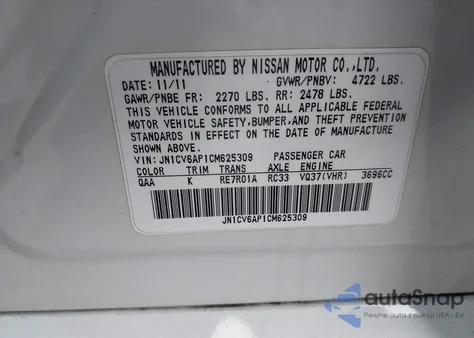 2012 Infiniti G37 Journey from USA, damaged, VIN JN1CV6AP1CM625309